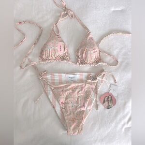 NWT Agua Bendita floral pink bikini, reversible to pink & white stripe! SEXY! L